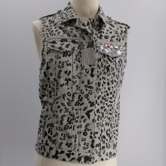 Dolled Up Jackets & Blazers - Dolled Up Gray and Black Leopard Print Patterned Vest with Rhinestones M